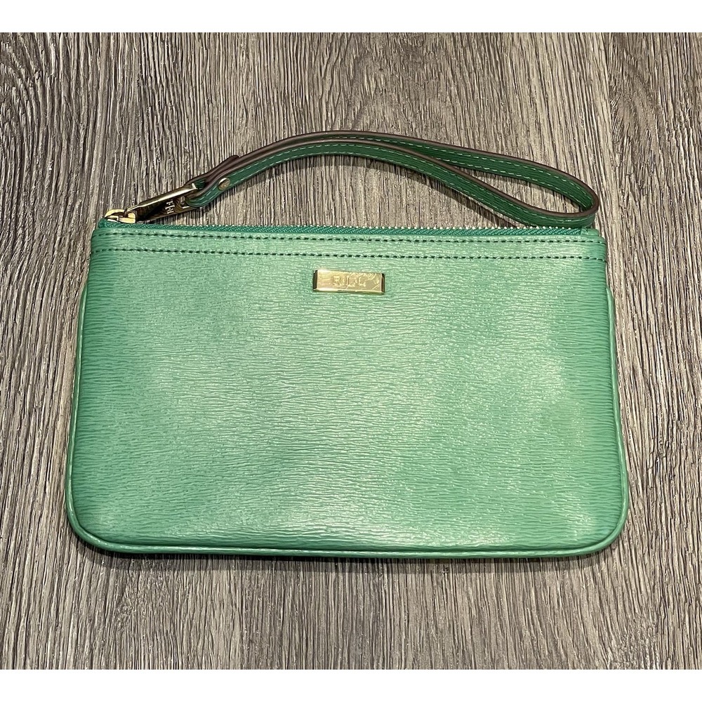 Lauren Ralph‎ Lauren Green Textured Leather Wristlet Gold Hardware Pouch Bag